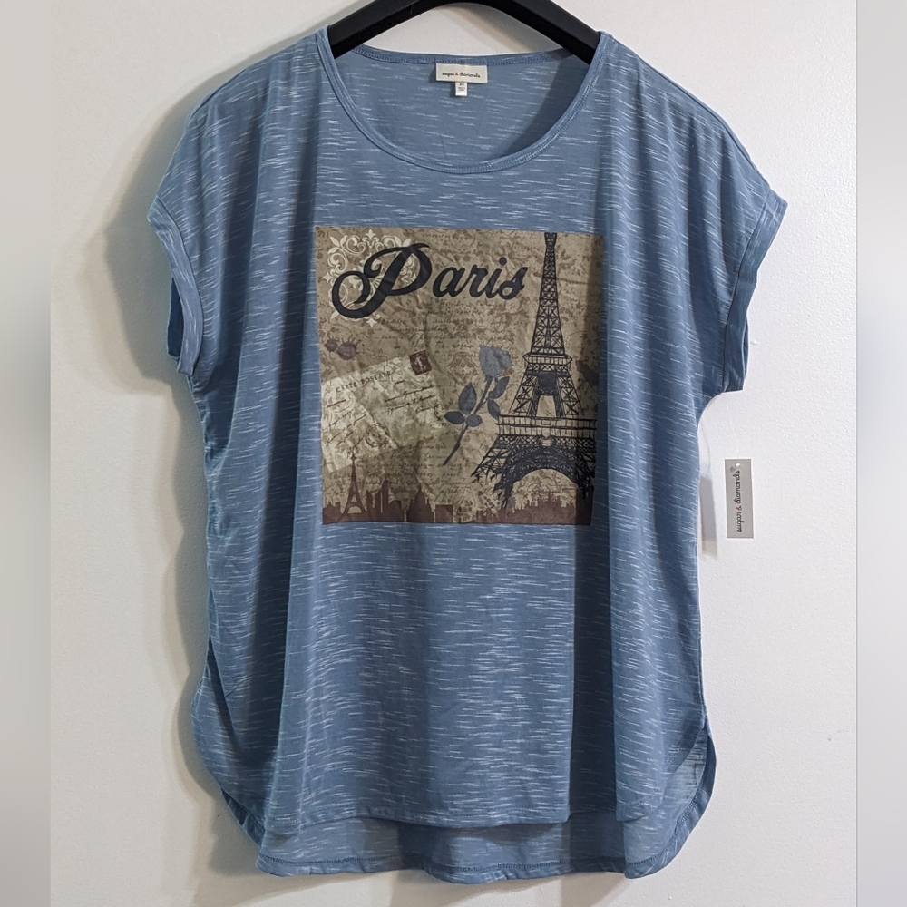 Women's Blue Paris Postcard Dolman Short Sleeve Graphic T-shirt, Size 3X, NWT